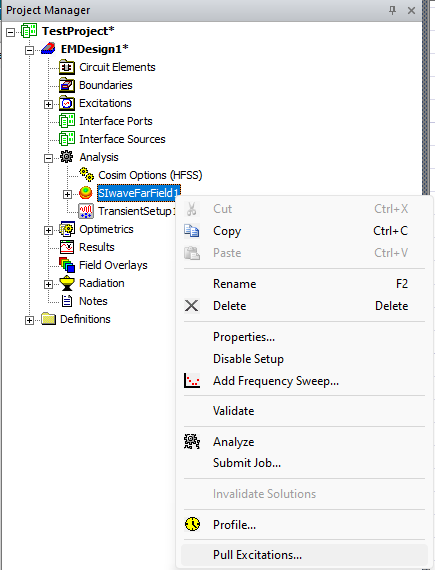 Project Manager Window > Project Tree > Active Design Folder > Analysis > SIwaveFarField1 > Pull Excitations