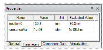 Properties window. Parameters tab.