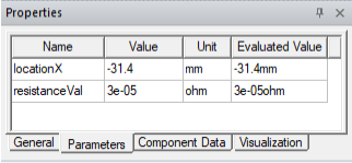 Properties window. Parameters tab.