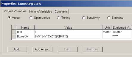 Properties dialog. Project Variables tab, Value selected. Variable defined.
