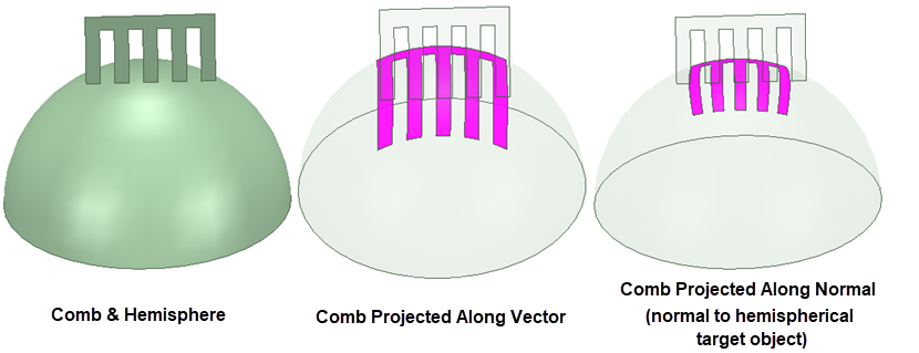 Model or comb sheet and hemisphere object before and after imprinting along vector and along normal.