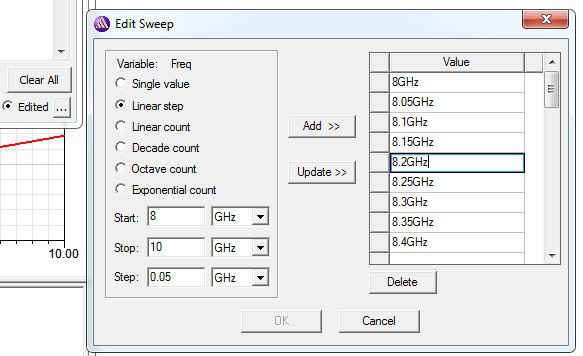 Edit Sweep dialog