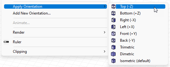 Shortcut menu, Apply Orientation submenu expanded, Top (-Z) option highlighted.