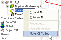 History Tree right-click menu, Move CS to End option highlighted.