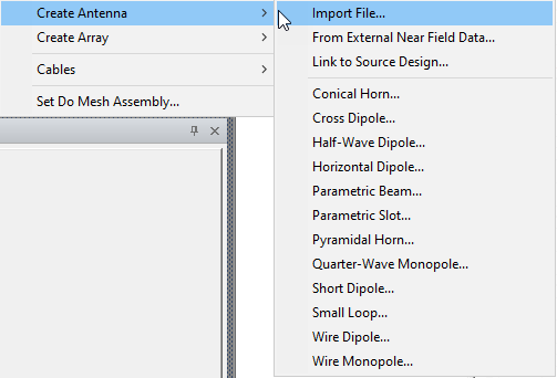 Create Antenna option highlighted, Import File option highlighted.