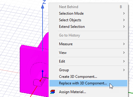 Object's right-click menu. Replace with 3D Component option highlighted.
