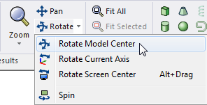 Rotate drop-down menu. Rotate Model Center option highlighted.