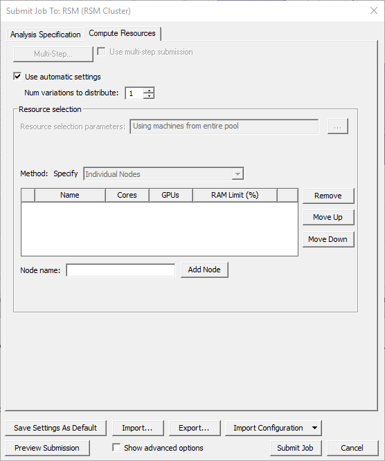 Submit Job To window, Compute Resources tab, Use automatic settings option enabled. 