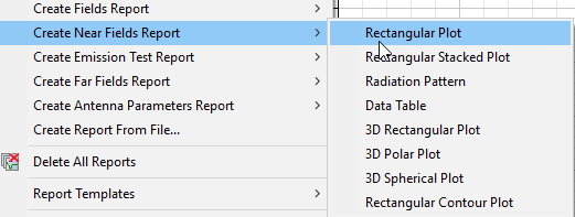 Create Near Fields Report expanded, Rectangular Plot selected. Create Near Fields Report expanded, Rectangular Plot selected.