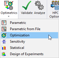 Optimetrics menu, Optimization highlighted. 