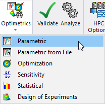 Optimetrics drop-down menu. Parametric selected.