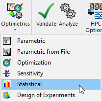 Optimetrics drop down menu, "Statistical" option highlighted.