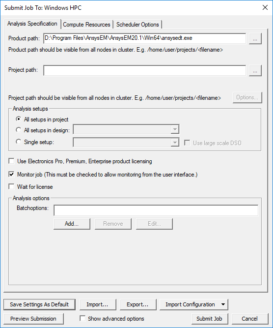 Submit Job to: Windows HPC window. Product path specified. 