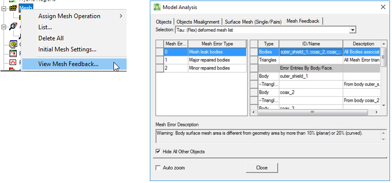 Mesh shorcut menu, View Mesh Feedback highlighted. Model Analysis dialog.