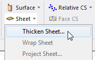 Sheet drop down menu, Thicken sheet option highlighted.