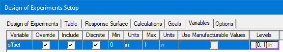 Design of Experiment Setup dialog box, Variables tab, Discrete option enabled.