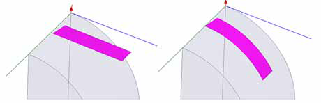 3D curved object with vertex to an edge alignment before and after wrapping.