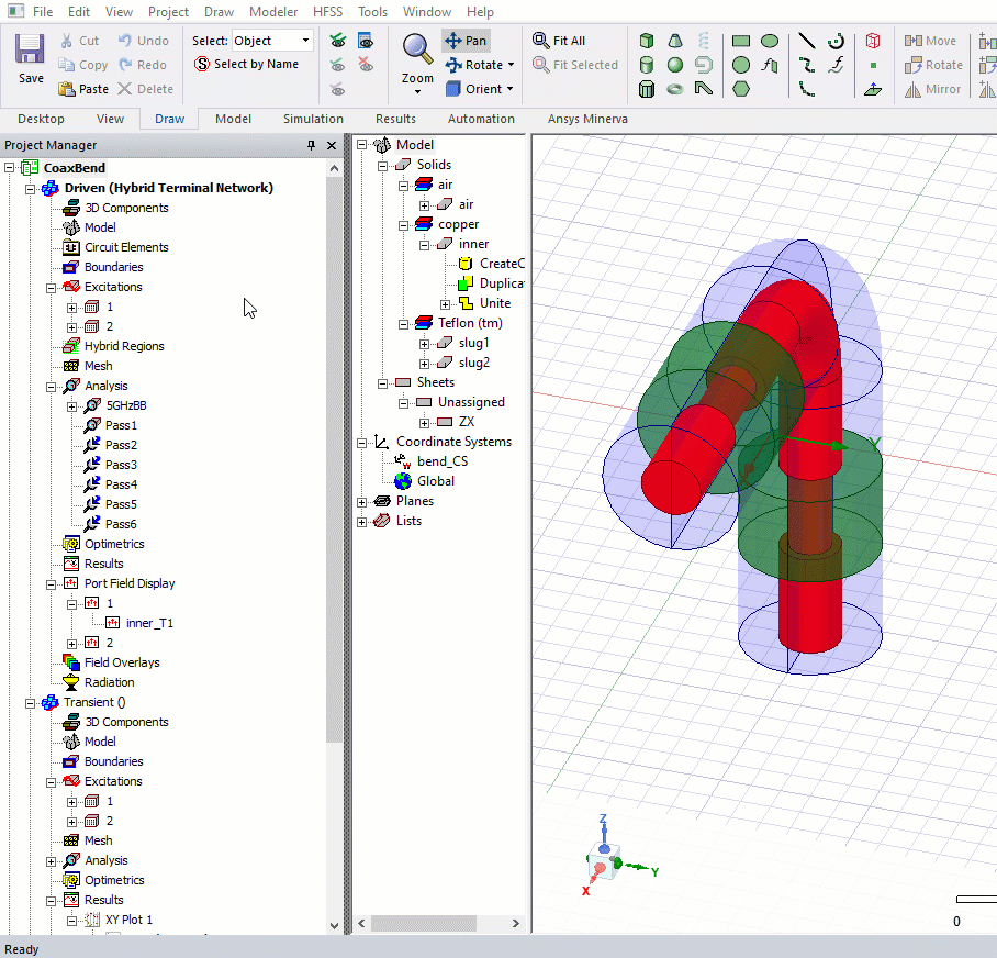 HFSS Application Window. Project Manager window opened with project tree expanded. Next to it, the design area with a 3D model.