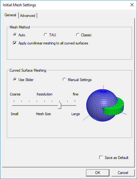 View of the Intial Mesh Settings window; the slider for the Curved Surface Meshing has been move to the right