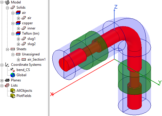 3D Modeler view of the coax bend