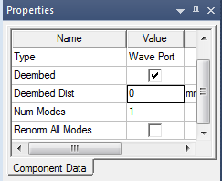 Docked Properties window, Component Data tab.