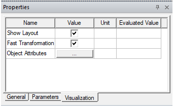 Properties window. Visualization tab, Show Layout option enabled.