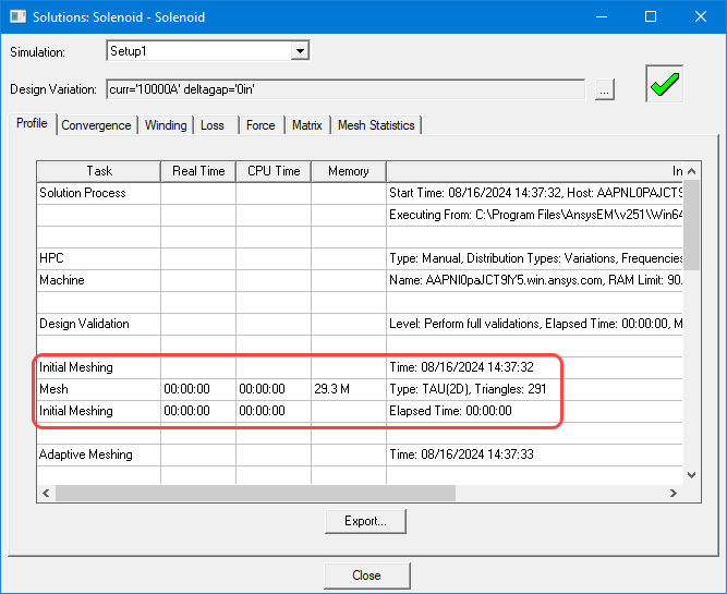 View of the Solutions Data's Profile tab with the mesh used for simulation highlighted