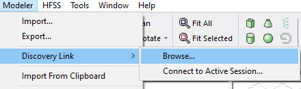 Modeler menu, Discovery Link option highlighted, Browse selected.