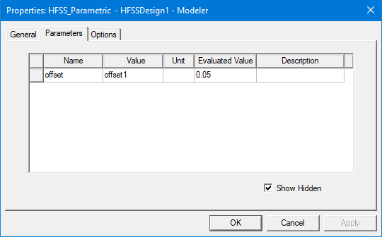 Properties dialog box. Parameters tab.
