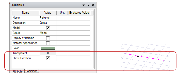Properties dialog. Show Direction option enabled.