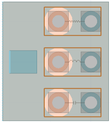 HFSS 3D Layout modeler window displaying circuit elements.