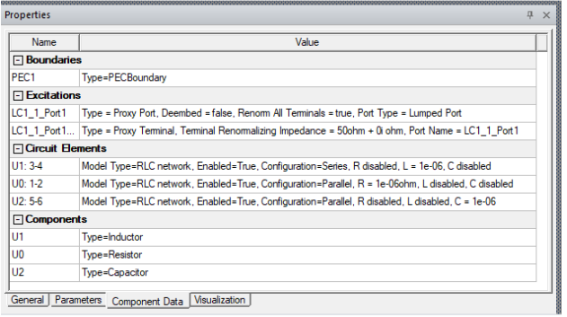 Properties window, Component Data tab.