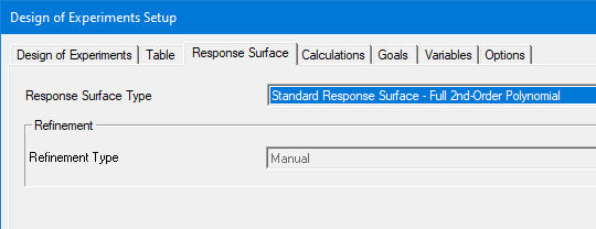 Design of Experiment Setup dialog. Response Surface tab.