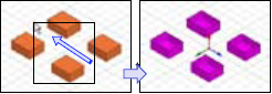 Rubber band partially enclosing four individual objects. All items that are wholly or partly enclosed within the rubber band selected.