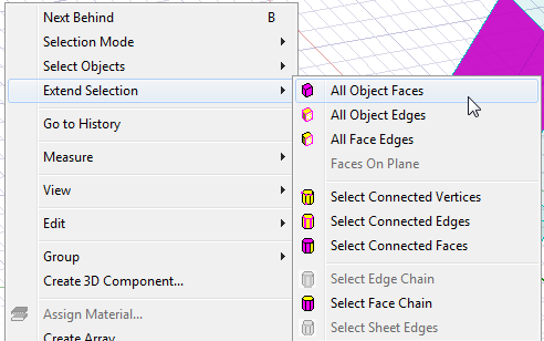 Extend Selection submenu, All Object Faces option highlighted.