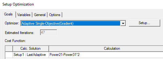 Setup Optimization window. Goals tab open, Optimizer Adaptive Single-Objective(Gradient) selected.