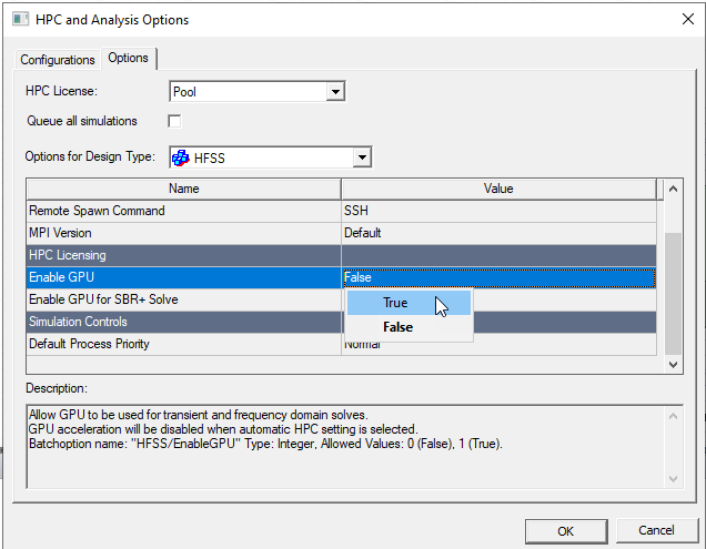 HPC and Analysis Options dialog. Enable GPU set to True.