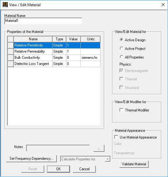 View/Edit Material Dialog Box