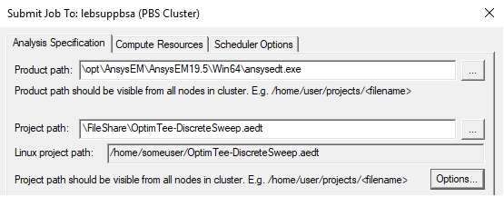 Submit Job To window, Analysis Specification tab. Product Path and Project Path fields. 
