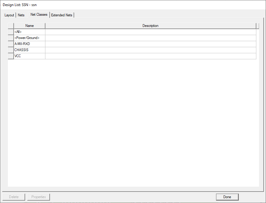 Design List dialog, Net Classes Tab