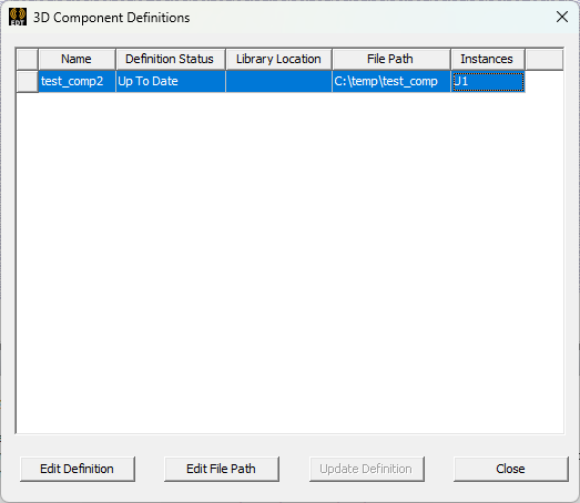 3D Component Definitions Window