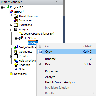Analysis > Setup > Sweepn > Copy