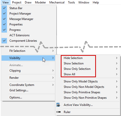 View Menu, Vsibility submenu, Hide Selection, Show Selection, Show Only Selection, and Show All options highlighted.