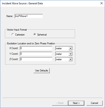 Incident Wave Source dialog, Vector Input Format set to Spherical.