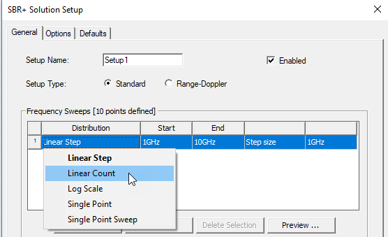 SBR+ Solution Setup dialog, General tab. Frequency Sweep set to Linear Count.