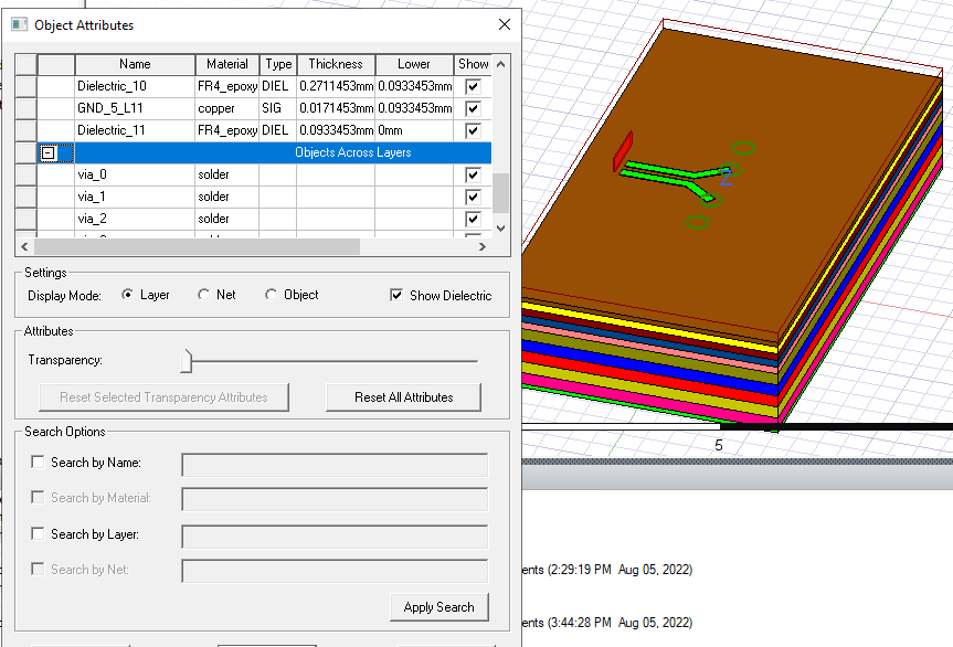 Object Attribute dialog. Layer mode enabled.