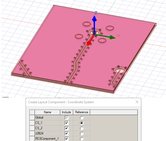 Modeler viewer displaying component and coordinate system. Create Layout Component dialog open to Coordinate System.