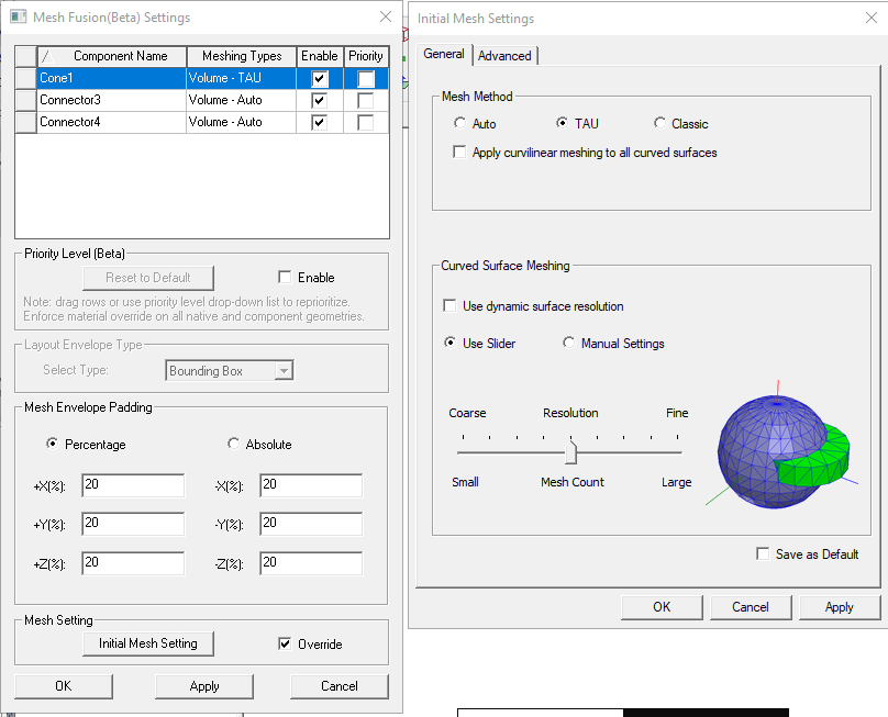 Initial Mesh Settings dialog. General tab.