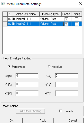 Mesh Fusion Settings dialog.