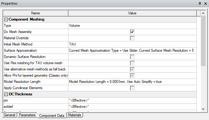Properties Panel. Component Data tab.